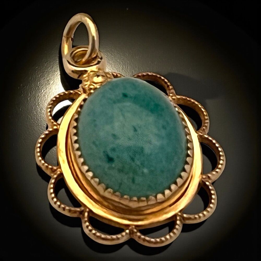 Vintage 1950s Jade Cabochon Pendant Gold Filled Mid Century - 7S